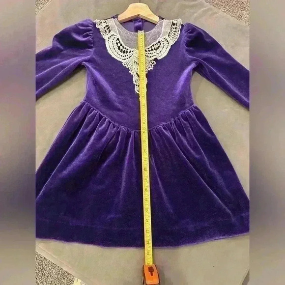 Handmade, purple velvet girls dress size 6X lace trim pleat waist long sleeve - Picture 6 of 9